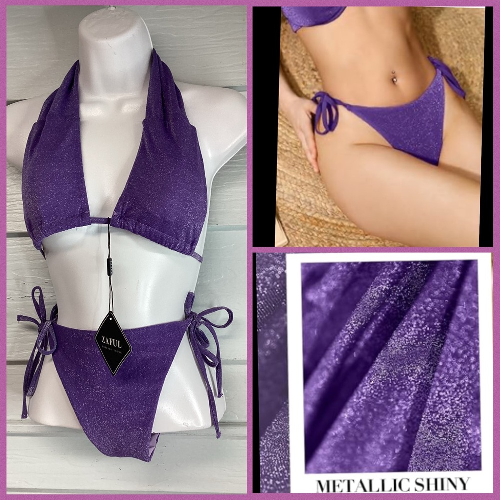 Purple Halter Tie-Back Bikini Top and High-Cut Bottoms.48 - Picture 6 of 6